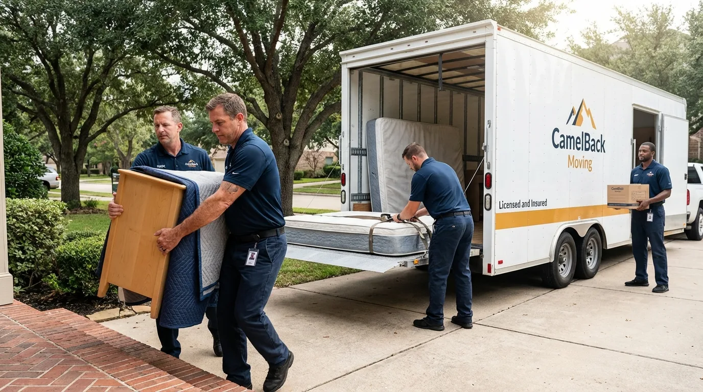 Crew loading residential truck for cross-state move from Pawnee, IL