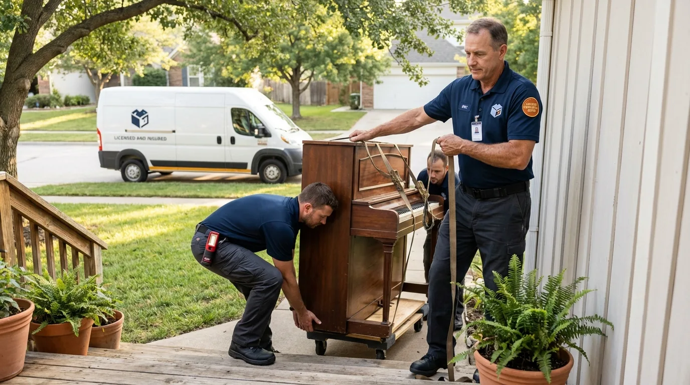 Licensed piano movers securing grand piano in Pawnee, IL