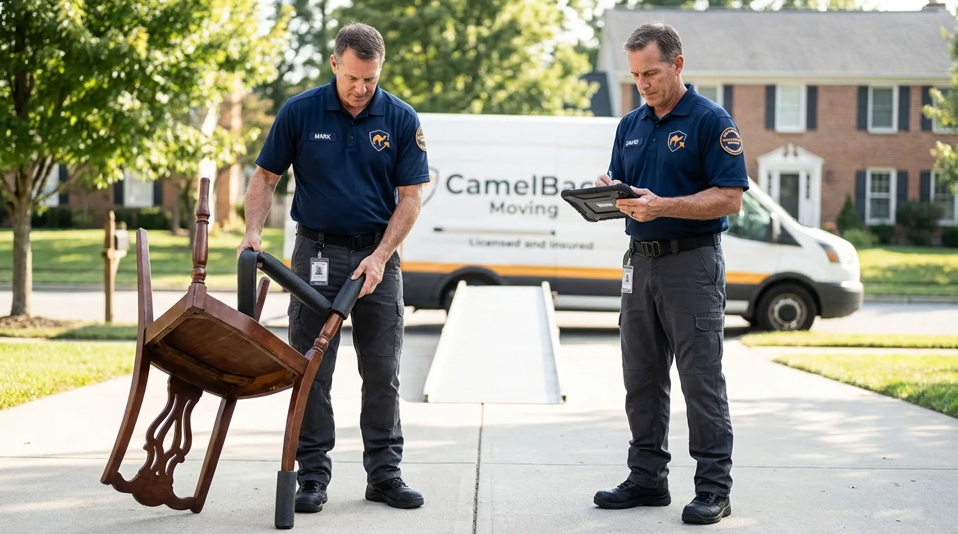 Movers inspecting furniture for damage prevention before loading in Pawnee, IL