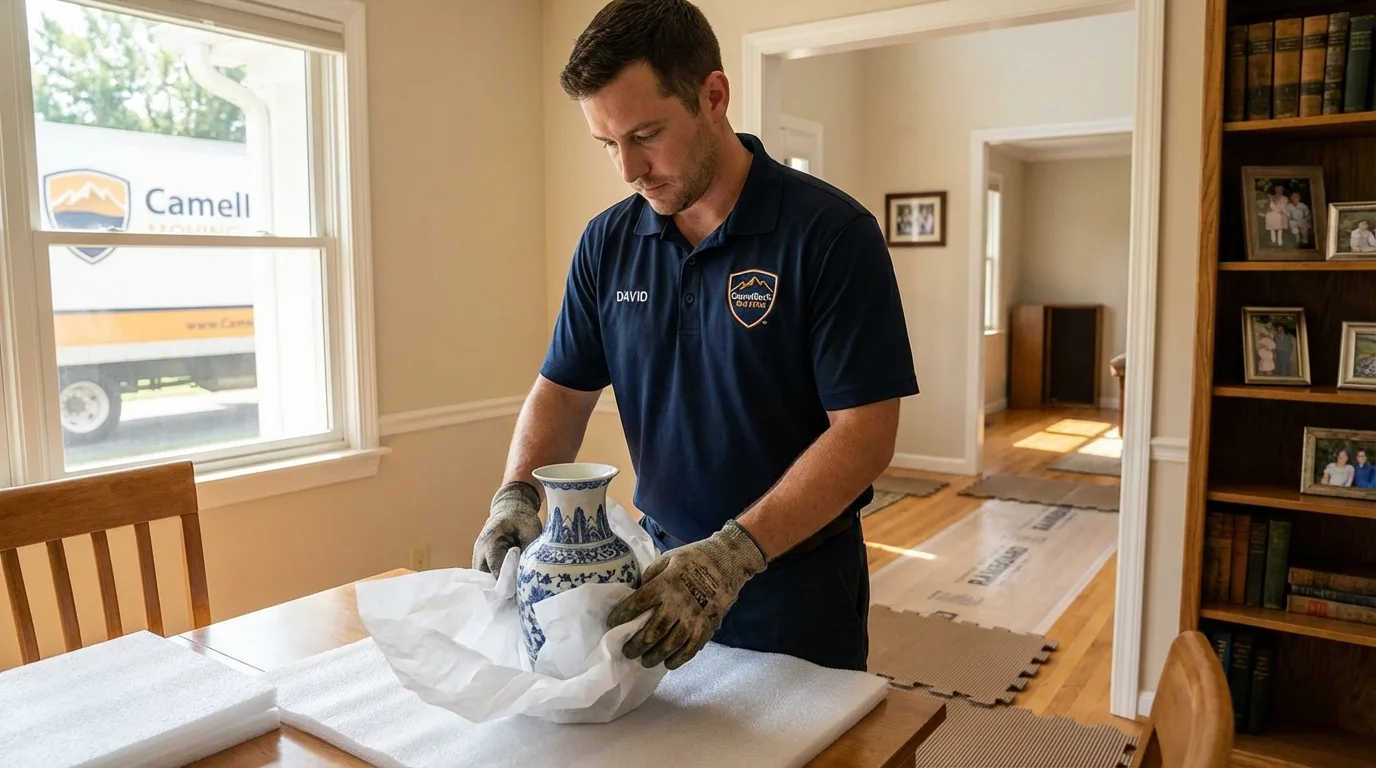 Professional crew carefully wrapping antique vase for senior downsizing move in Pawnee, IL